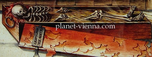 planet-vienna, Der geöffnete Sarg Leopolds III. in der Habsburgergruft der Klosterkirche Königsfelden (Zeichnung von Meinrad Keller, 1739)
