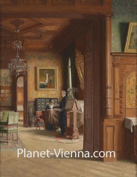 planet-vienna, Karl Probst mit seiner Frau Gisela am Klavier im Salon des Palais Probst. Ölgemälde um 1920