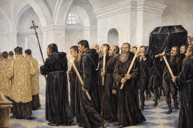 planet-vienna, Beisetzung Kronprinz Rudolfs in der Kapuzinergruft (historische Zeichnung, mittels KI koloriert)