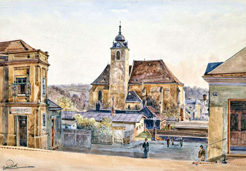 palnet-vienna, Kirche St. Jakob in Penzing, wien, aquarell von erwin pendl, 1926