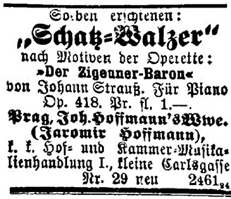planet-vienna, schatzwalzer opus 418, annonce prager tagblatt